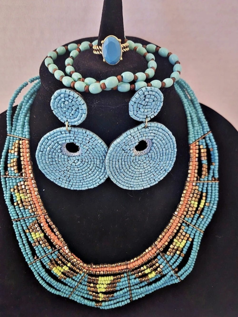 Beaded Jewelry Set in Blue, Orange And Gold. Like New